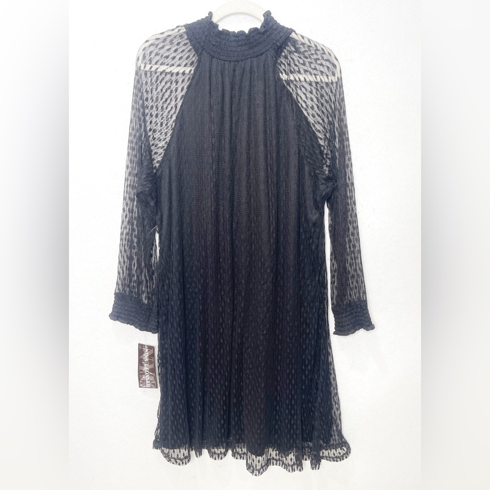 Nina Leonard Dot Shirred Long Sleeve Pullover Mock Neck Shift Dress Black 3X - Picture 3 of 9